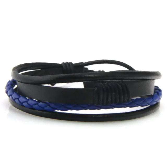 Black Blue Faux Leather Bracelet Punk Men Jewelry