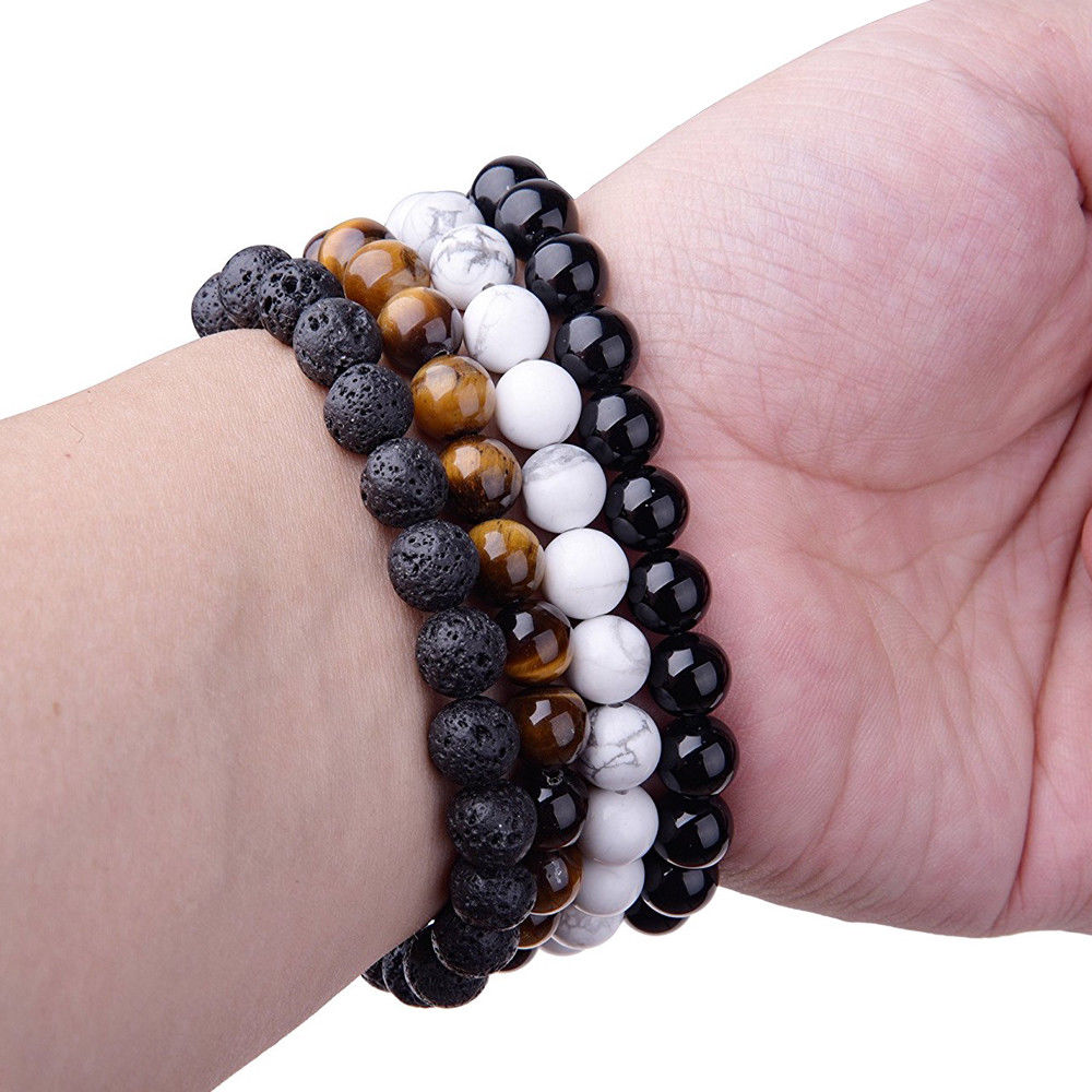 Beaded Bracelet 8mm Natural Stone Beads Men's Gorgeous Semi-Precious Black Onyx Lava Tiger Eye Healing For Women Men Jewelry