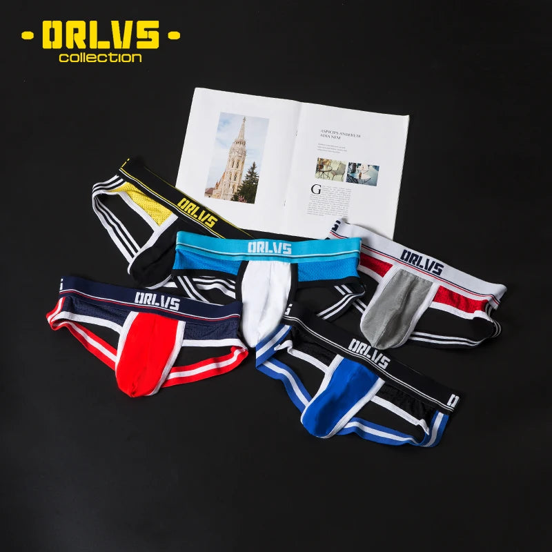 ORLVS Men&#39;s Underwear Men Sexy Briefs Jockstrap Pouch Cuecas Man Cotton Panties Thongs Mesh Underpants Gay Slip Homme Srting