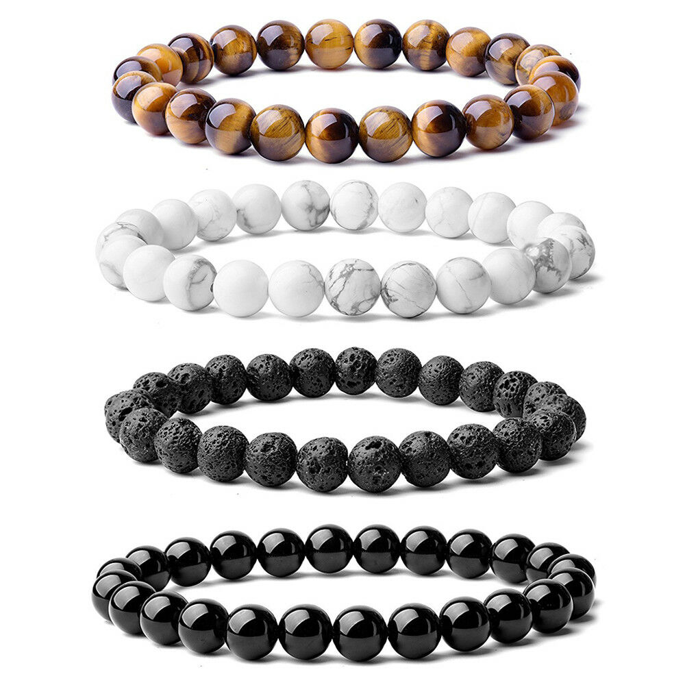 Beaded Bracelet 8mm Natural Stone Beads Men's Gorgeous Semi-Precious Black Onyx Lava Tiger Eye Healing For Women Men Jewelry