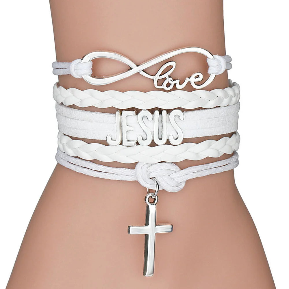 Multilayer Jesus Loves Letter Leather Bracelet Multilayer Wrap Cross Christian Leather Bracelets for Men Women Classic Jewelry