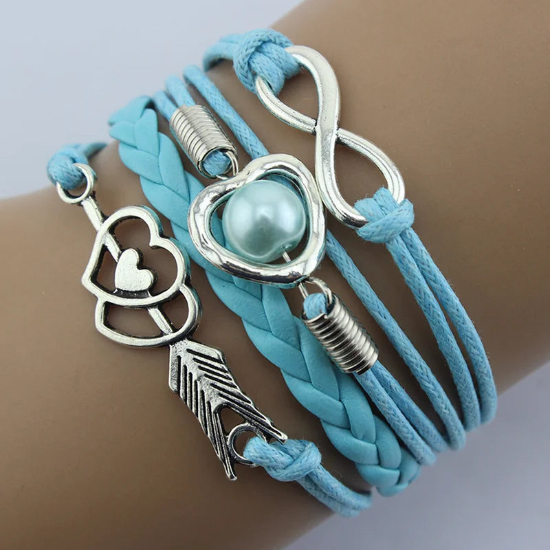 Retro Cupid's Arrow Love Beads Cuff multilayer Bracelet Leather Bangle Lovers Gift