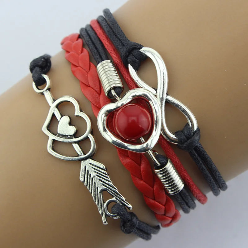 Retro Cupid's Arrow Love Beads Cuff multilayer Bracelet Leather Bangle Lovers Gift