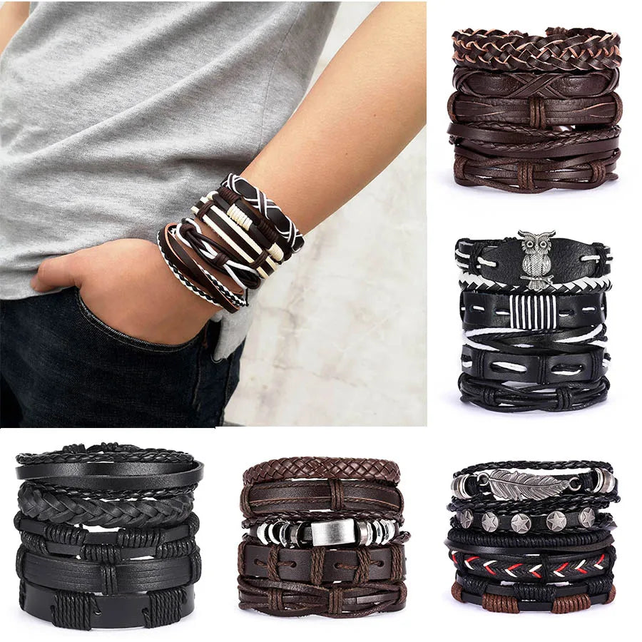 Men Bracelets Vintage Multilayer Leather Braid Bracelets Bangles Star Leaf Owl Handmade Rope Wrap Bracelets Male Gift Jewlery