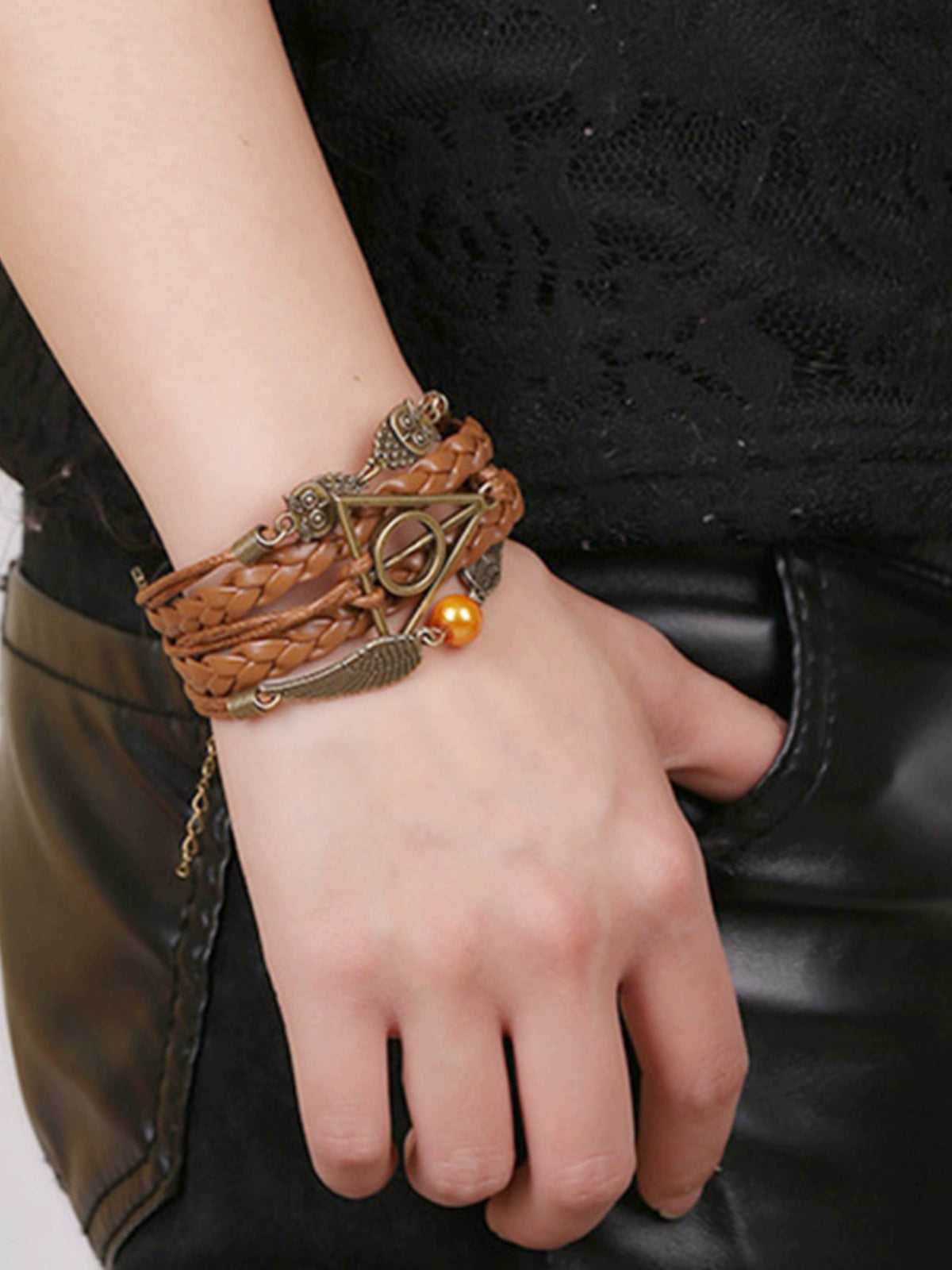 Fashion Harry Potter Deathly Hallows Leather Cord Bracelet Angel Wings Hand-Woven PU Leather Rope Couple Bracelet