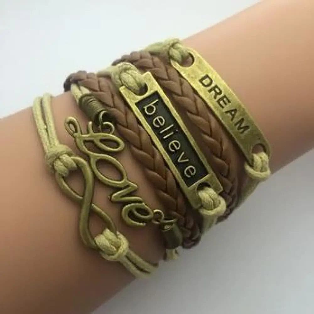 Brown Believe Dream Love Multilayer Leather Charm Infinity Bracelets