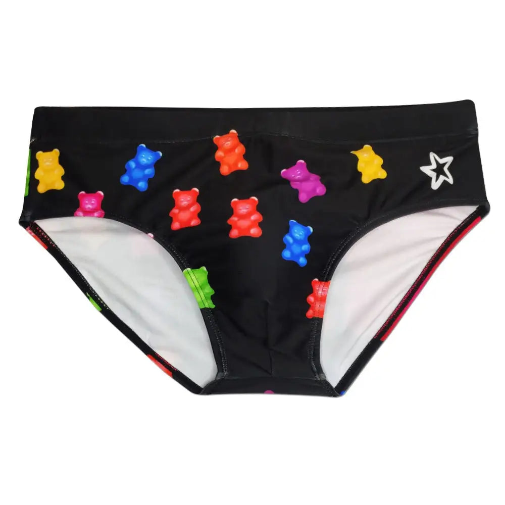 Cute Bear Candy Print Mens Triangle Swim Trunks European American Fashion Bikini With Push Pad