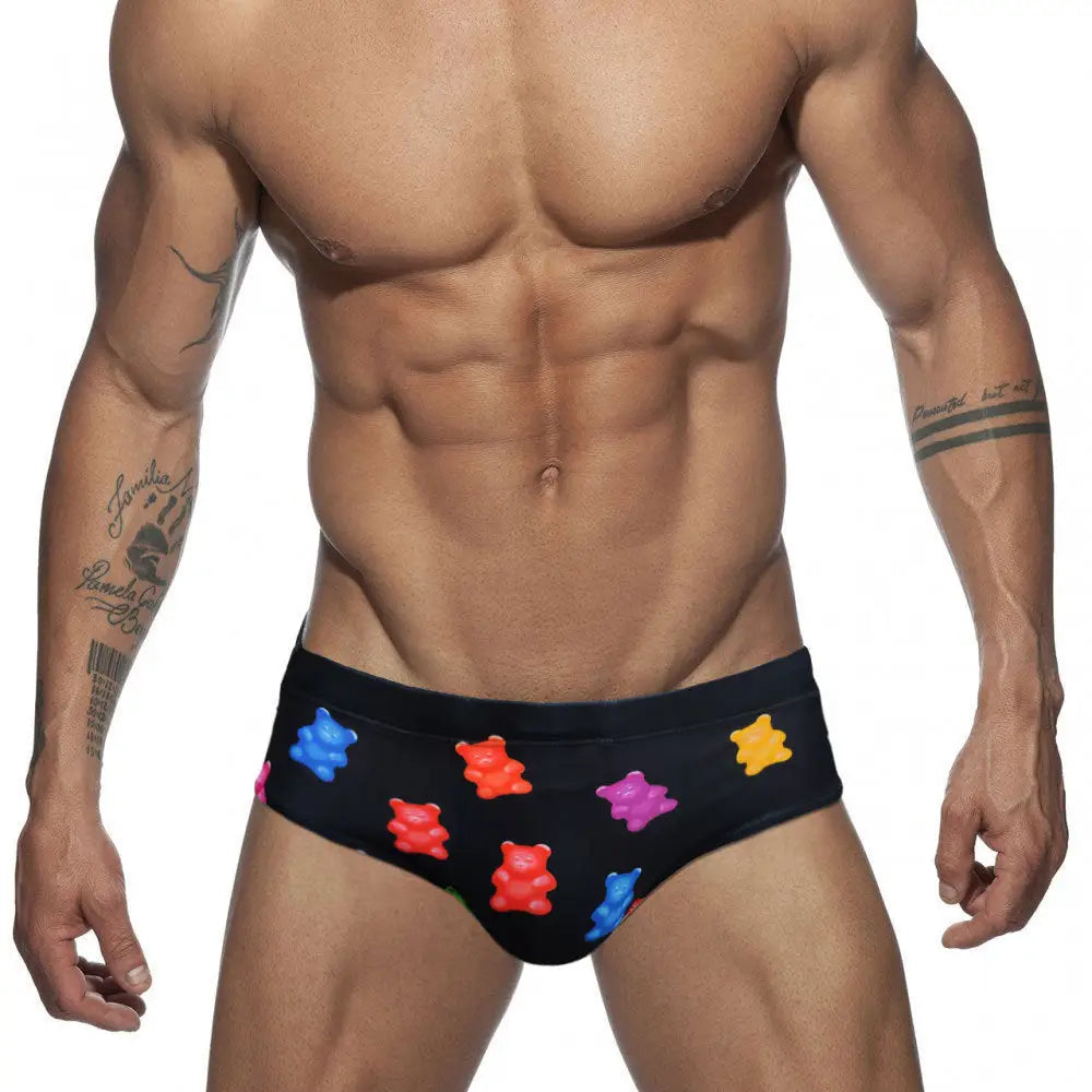 Cute Bear Candy Print Mens Triangle Swim Trunks European American Fashion Bikini With Push Pad