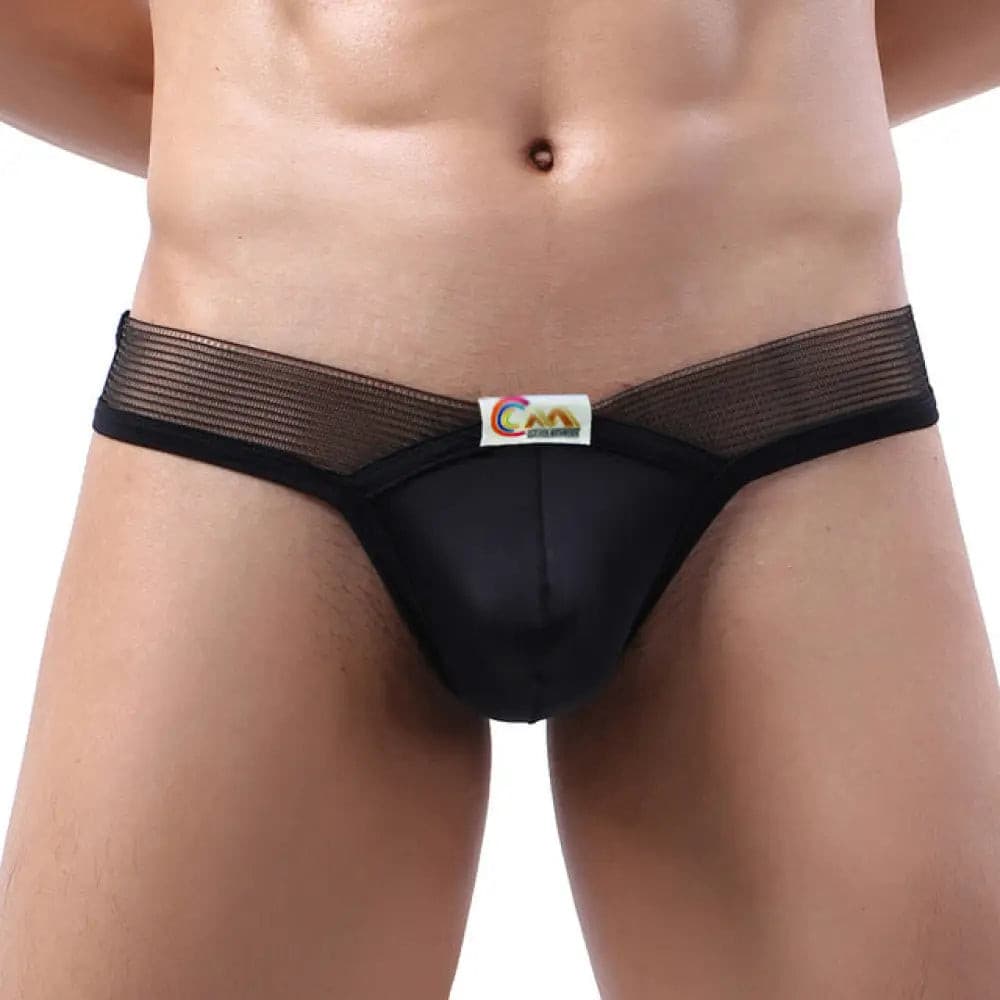 Mens Underwear T-Back G String Thong Sexy Bulge Pouch Ice Silk Transparent Waist Lingerie Black /