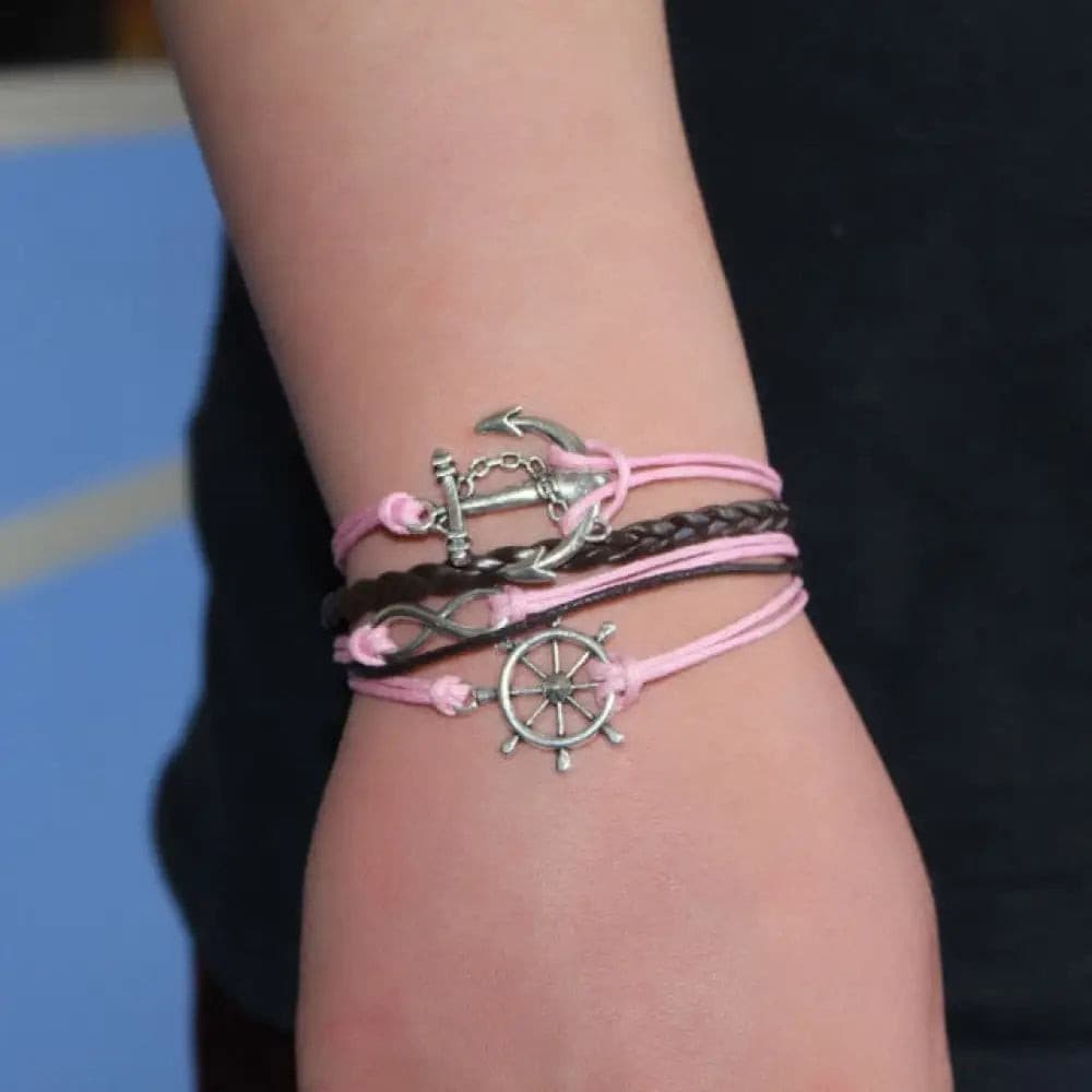 Pink Anchor Wheel Charm Faux Leather Infinity Bracelets