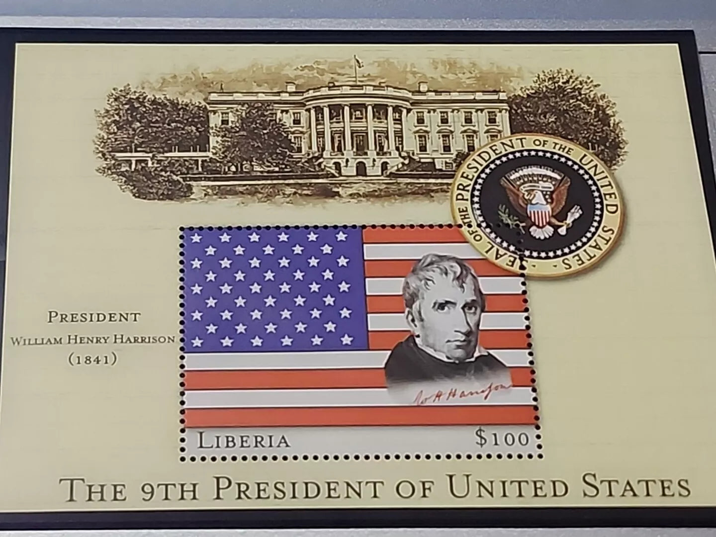 9th President William Henry Harrison $100 Stamp Liberia Mystic Stamp Company