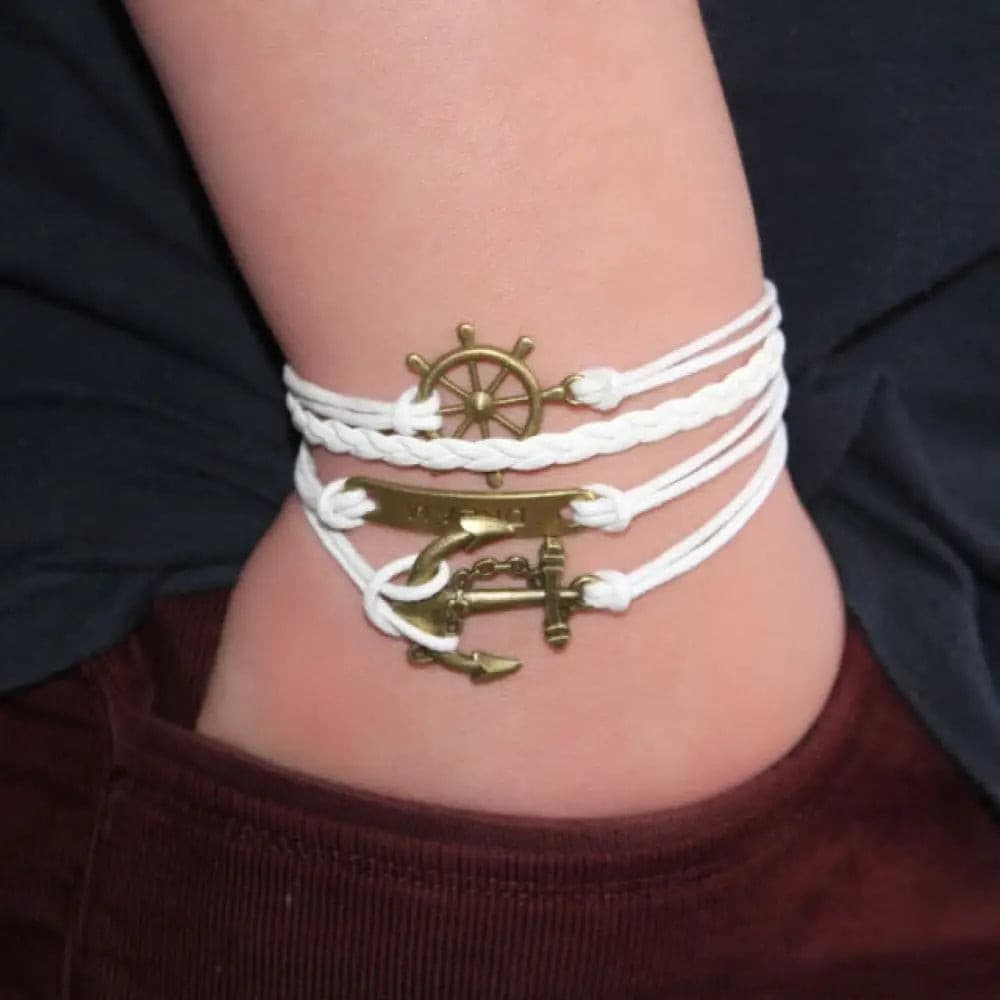 White Bronze Anchor Wheel Charms Faux Leather Infinity Bracelets