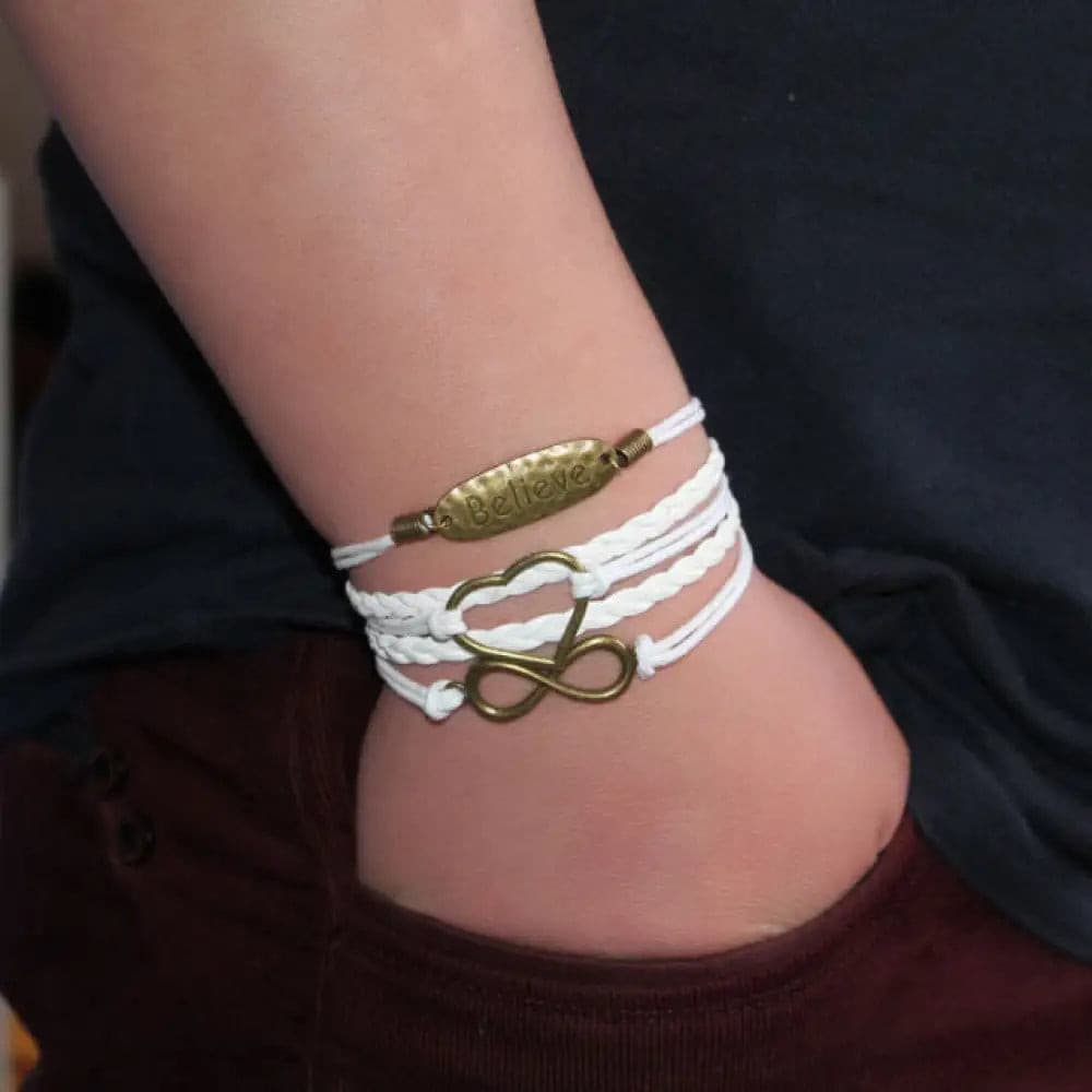 White Heart Faux Leather Infinity Bracelet