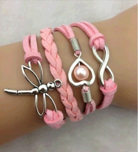 Pink Dragonfly Heart Infinity Bracelet