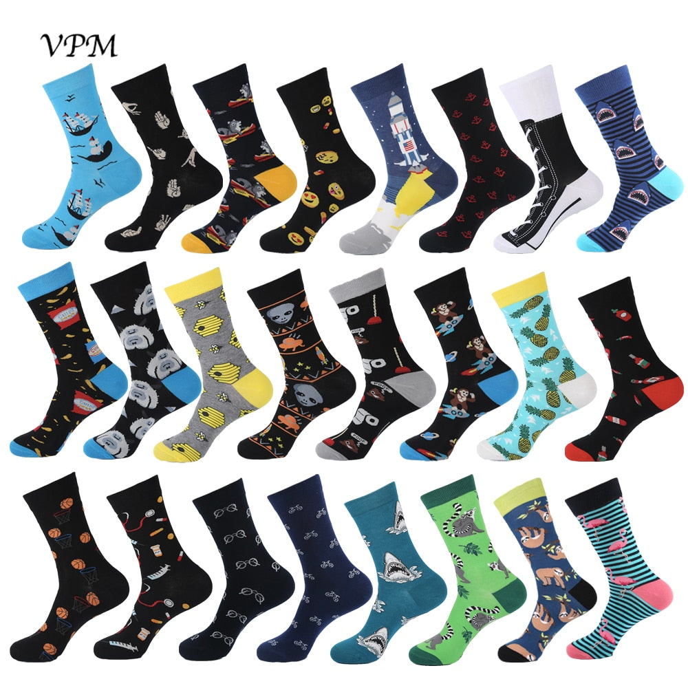 New Hiphop Cotton Men's Socks Harajuku Happy Funny Poop Pills Alien Comb Dress Socks for Male Wedding Christmas Gift