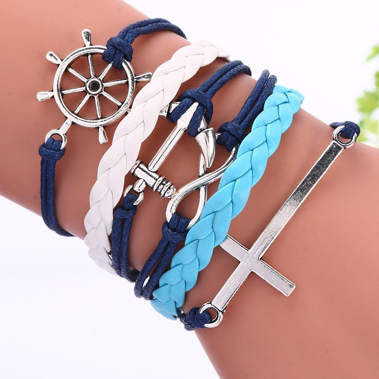 Blue and White Anchor Cross Infinity Bracelet