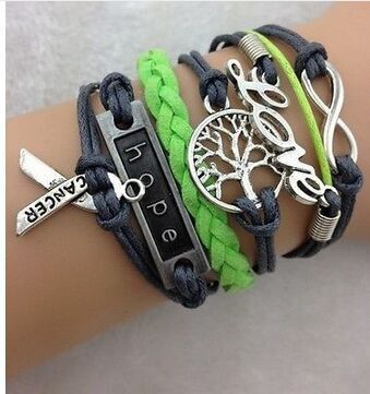 Green Black Love Tree of Life Hope Cancer Infinity Bracelet