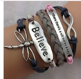 Grey and Pink Believe Dragonfly Where there's a will there's a way Multi-layer Infinity Charm Bracelet