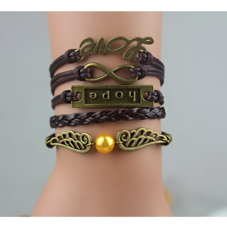 Brown Bronze Color Love Hope Wings Multi-layer Infinity Charm Bracelet