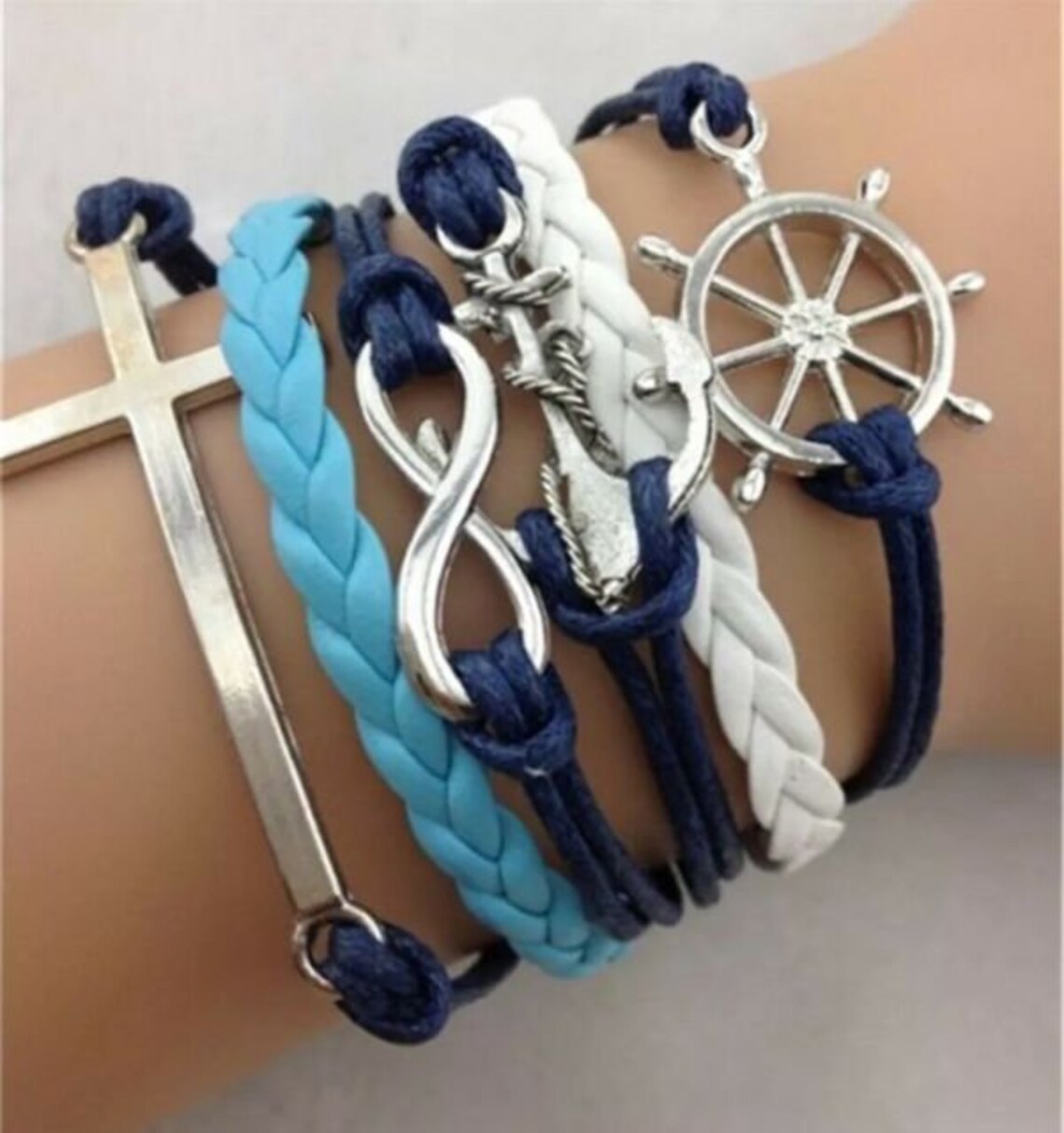 Blue and White Anchor Cross Infinity Bracelet