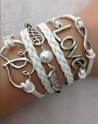 White Love Heart Pearl Wings Infinity Bracelet