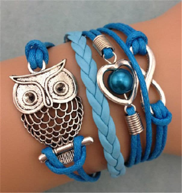 Blue Retro Owl Heart Infinity Bracelet