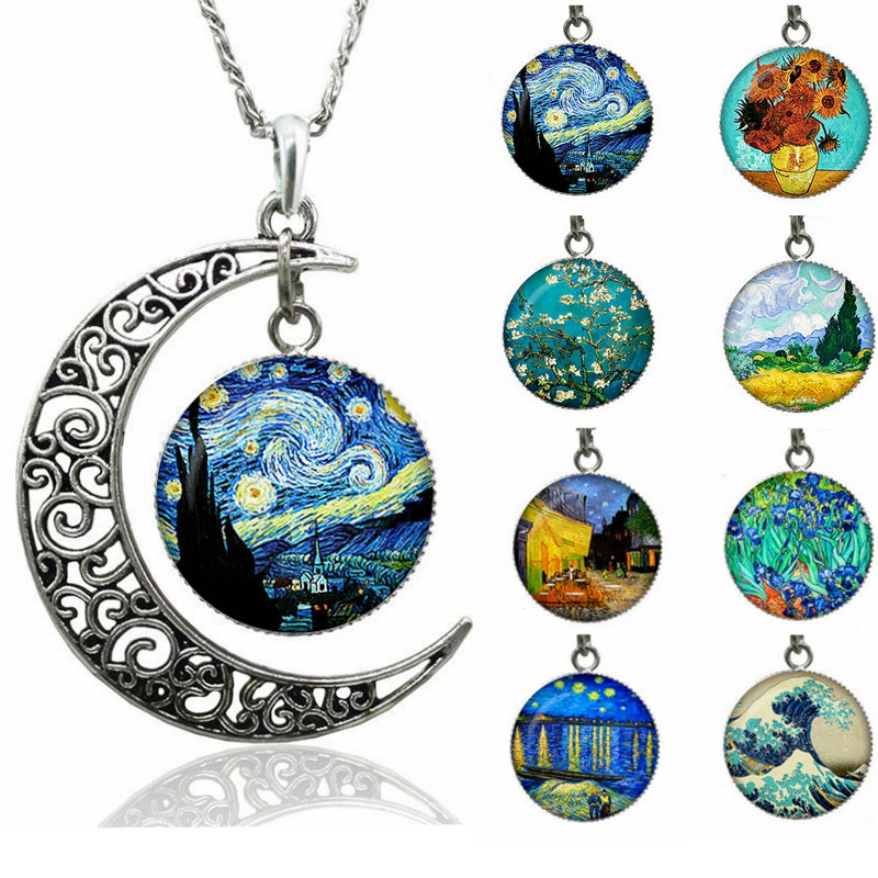 Van Gogh Starry Night Necklace Glass Cabochon Crescent Moon Clavicle Necklace Silver Plated Jewelry