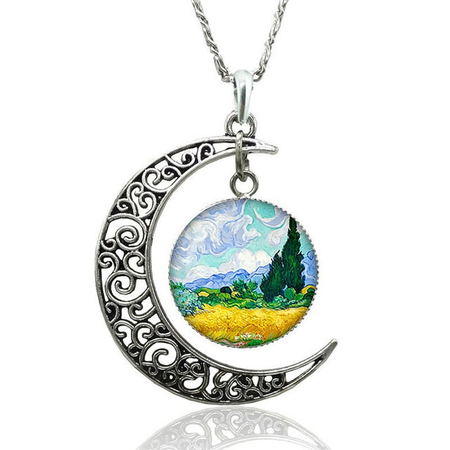 Van Gogh Starry Night Necklace Glass Cabochon Crescent Moon Clavicle Necklace Silver Plated Jewelry