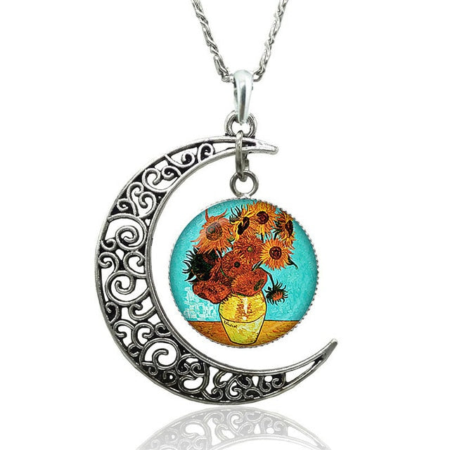 Van Gogh Starry Night Necklace Glass Cabochon Crescent Moon Clavicle Necklace Silver Plated Jewelry