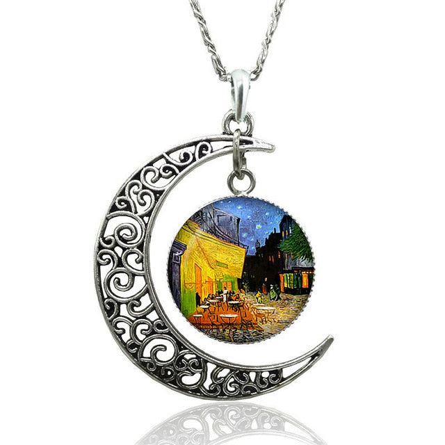 Van Gogh Starry Night Necklace Glass Cabochon Crescent Moon Clavicle Necklace Silver Plated Jewelry