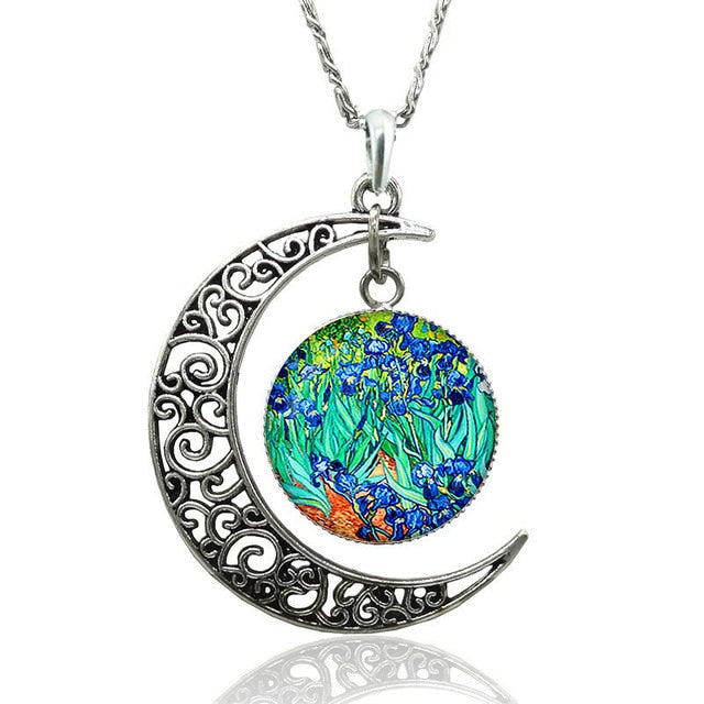 Van Gogh Starry Night Necklace Glass Cabochon Crescent Moon Clavicle Necklace Silver Plated Jewelry