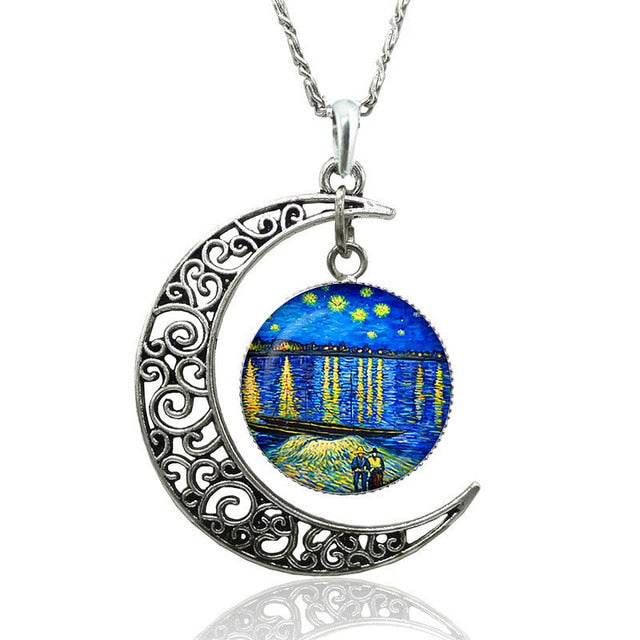 Van Gogh Starry Night Necklace Glass Cabochon Crescent Moon Clavicle Necklace Silver Plated Jewelry