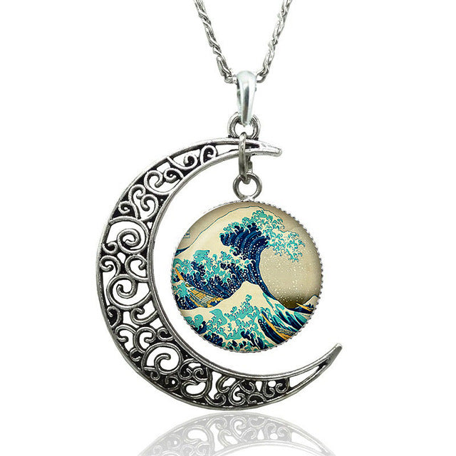 Van Gogh Starry Night Necklace Glass Cabochon Crescent Moon Clavicle Necklace Silver Plated Jewelry