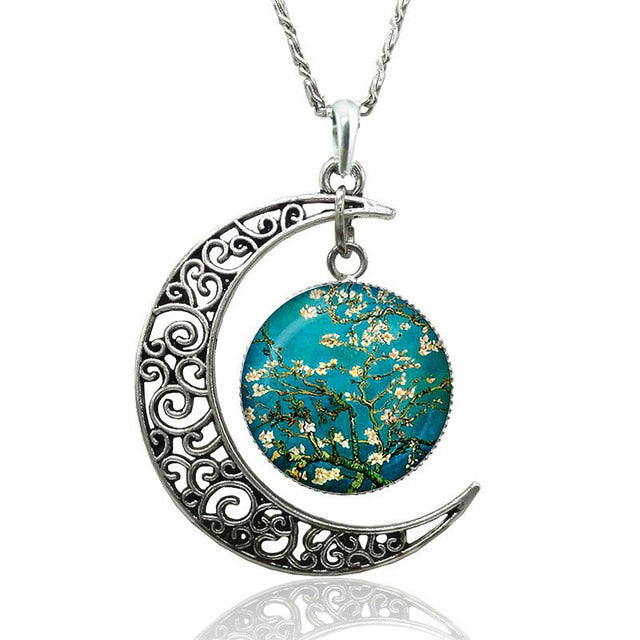 Van Gogh Starry Night Necklace Glass Cabochon Crescent Moon Clavicle Necklace Silver Plated Jewelry