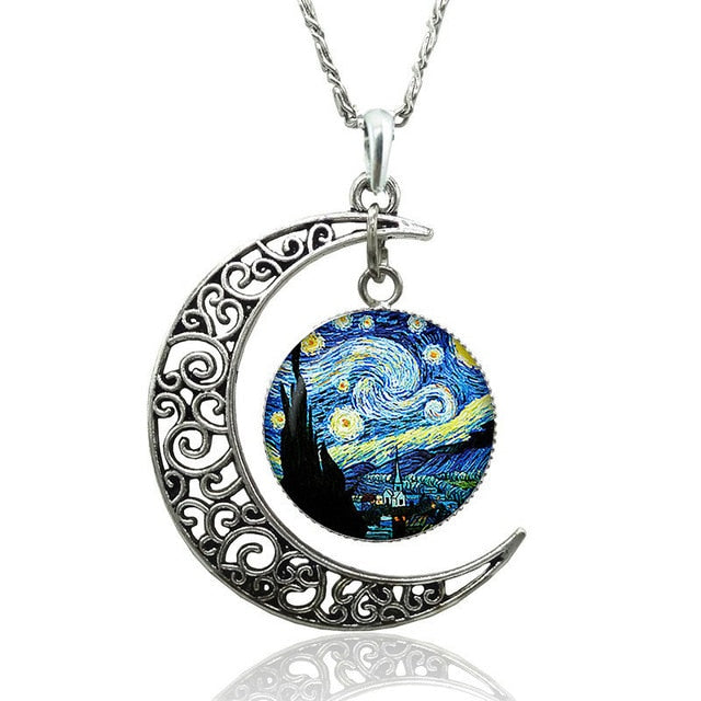 Van Gogh Starry Night Necklace Glass Cabochon Crescent Moon Clavicle Necklace Silver Plated Jewelry