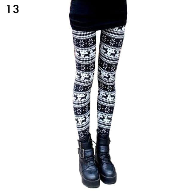 Christmas Print Leggings Women Slim Fit Elastic Pants Elk Snowflakes Striped Harajuke Leggings Female Flowers Pants Xmas Gifts