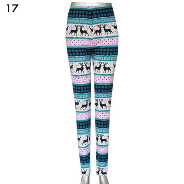 Christmas Print Leggings Women Slim Fit Elastic Pants Elk Snowflakes Striped Harajuke Leggings Female Flowers Pants Xmas Gifts